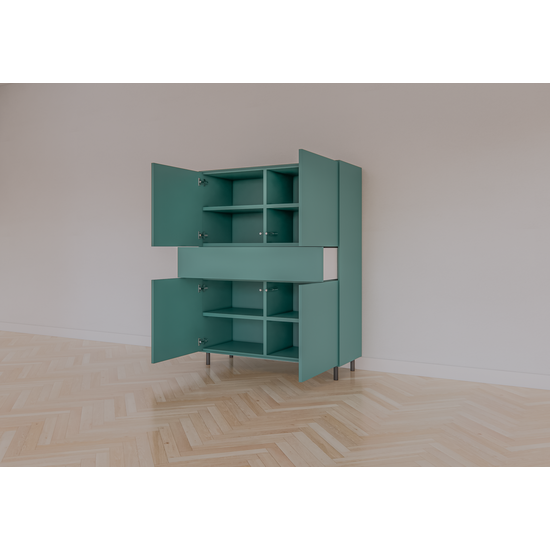 123kast  Vakkenkast/meidenkast Piana 112x42x144H cm - Buitenkant RAL 1027 - Binnenkant RAL 3015 - Smalle pootjes zwart