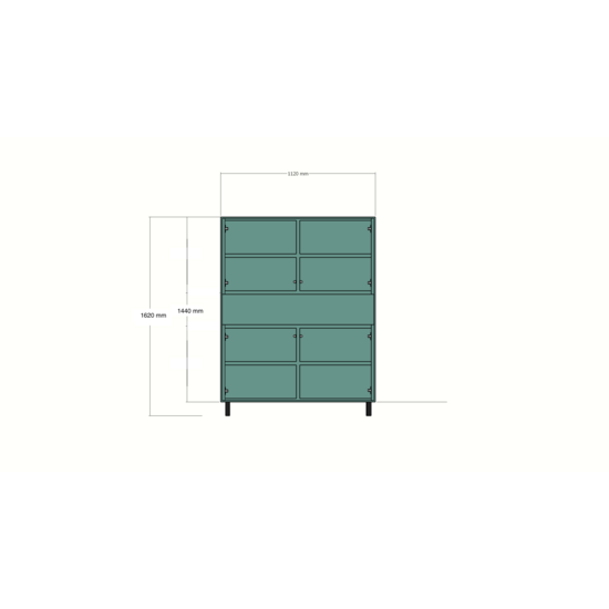 123kast  Vakkenkast/meidenkast Piana - 112x42x162H cm - op stalen zwarte poten - 1 push to open lade - 4 push to open deuren