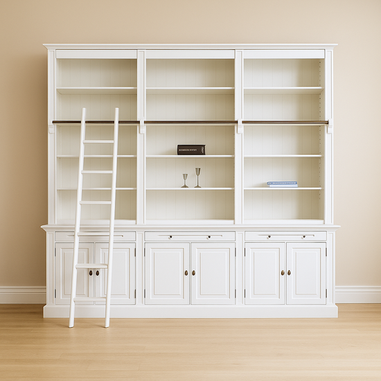 123kast  Voorraad Boekenkast Melena del Sur - 300x40x240H cm - RAL 9001 - met stang en ladder - 15 planken - 3 uitschuif planken - 6 dichte scharnierdeuren - verstelbare planken - Demontabel