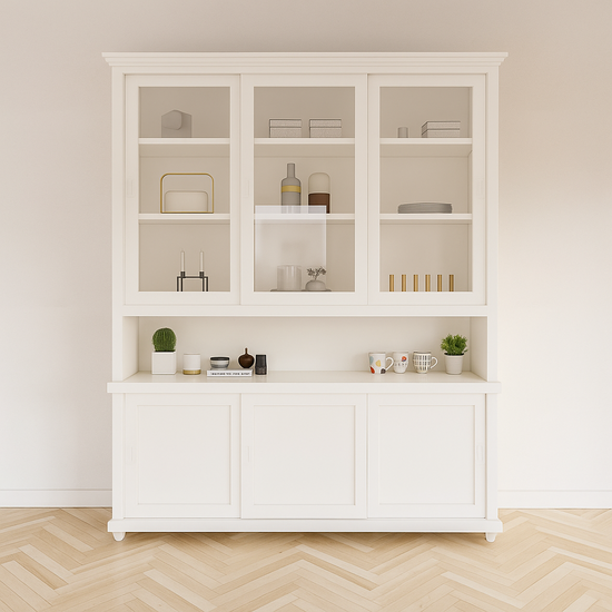 123kast  Voorraad Buffetkast Tavira - 190x47x220H cm - schuifdeuren - deels van glas - open vak - op pootjes