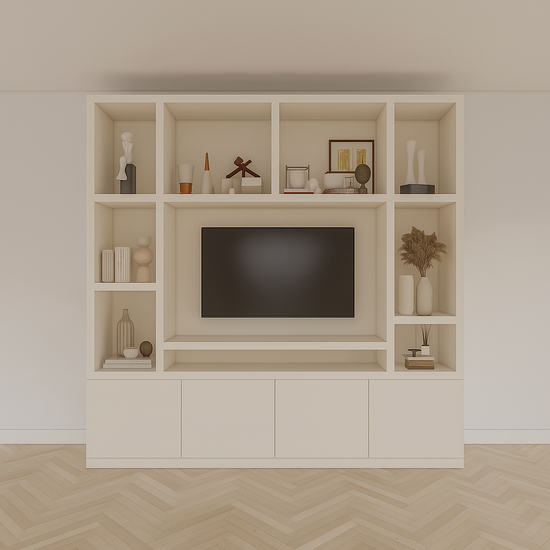 123kast  Voorraad TV vakkenkast Jose - 250x40x240H cm - RAL 9001 - 10 open vakken - 4 push to open deuren - 5cm plank dikte