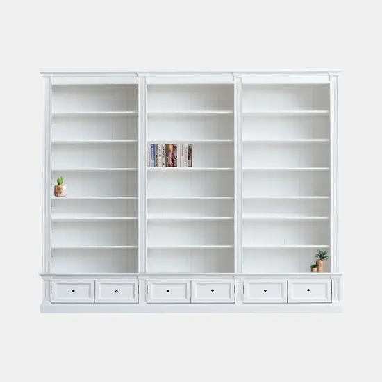 123kast  Voorraad Boekenkast Classy Library - 300x43x240H cm - ral 9010 - 18 verstelbare boekenplanken - 6 lades