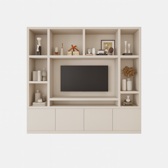 123kast  Tv vakkenkast Jose - 250x40x240H cm - 10 open vakken - 4 push to open deuren - 5cm plank dikte