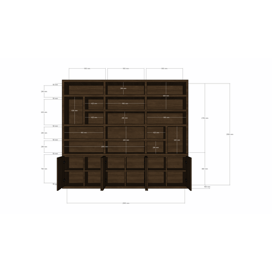 123kast  Vakkenkast Caen - 290x40x250H cm - eiken - push to open deuren - open vakken - strakke afwerking