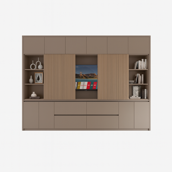 123kast  Vakkenkast/tv-kast Winterberg 2 - 320x40x240H cm - Tv vak - cinewall - eiken schuifpanelen - open vakken - 4 greeploze lades - 6 push to open deuren - 4 greeploze deuren - strak design