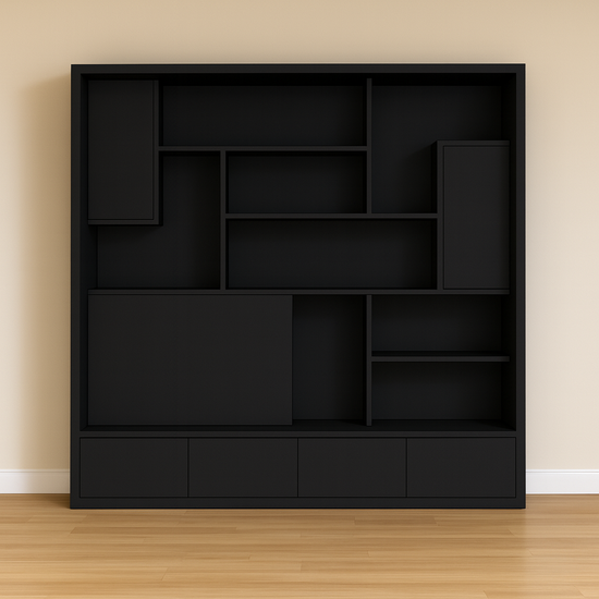 123kast  Vakkenkast Saalbach - 250x50/30x240H cm - open vakken - schuifdeur - push to open deuren - greeploze soft close lades - strak design