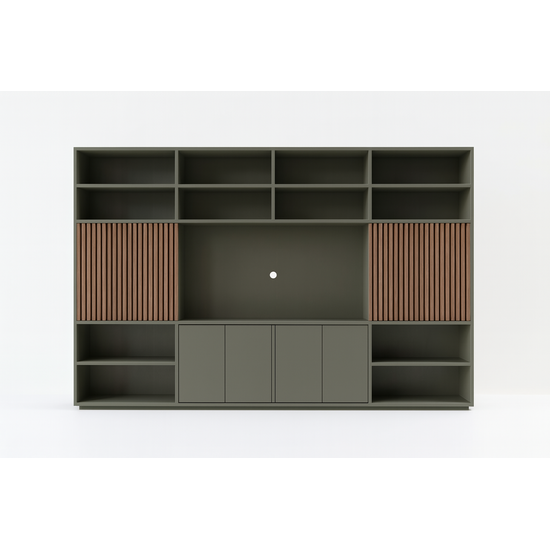 123kast  TV-vakkenkast Winterberg 04 - 400x40x250H cm - cinewall - tv vak - met schuifdeuren - open vakken - push to open deuren - strak design