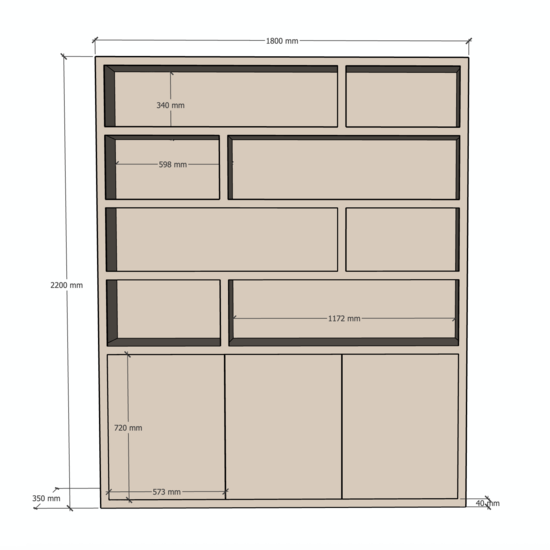 123kast  Vakkenkast Flachau 01 - 180x35x220H cm - 3 push to open deuren - 8 open vakken
