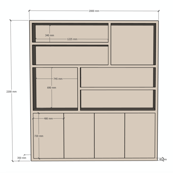 123kast  Vakkenkast Flachau 02 - 200x35x220H cm - 4 push to open deuren - 6 open vakken