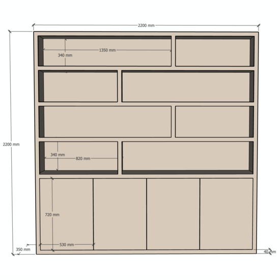 123kast  Vakkenkast Flachau 03 - 220x35x220H cm - 4 push to open deuren - 8 open vakken