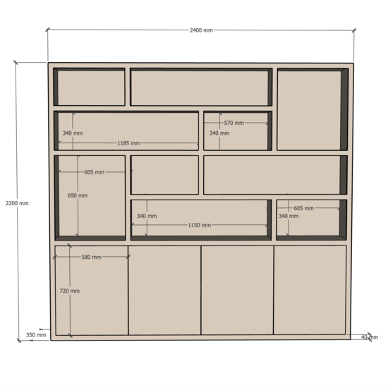 123kast  Vakkenkast Flachau 05 - 240x35x220H cm - 4 push to open deuren - 10 open vakken