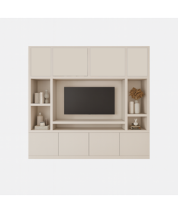 Voorraad  Tv vakkenkast Jose - maatwerk 250x40x240H cm - tv vak 135x90H cm - deurtjes in bovenste 4 vakken - kleur RAL 9001