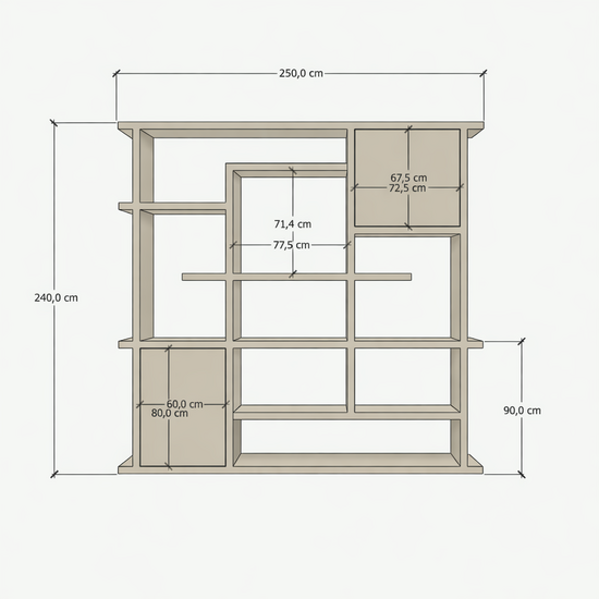 123kast  Open vakkenkast Evora 03 - 250x40x240H cm - strakke afwerking - push to open deuren - 5cm plank dikte