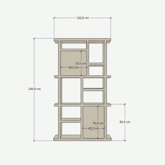 123kast   Open vakkenkast Evora 01 - 120x40x240H cm - strakke afwerking - push to open deuren - 5cm plank dikte