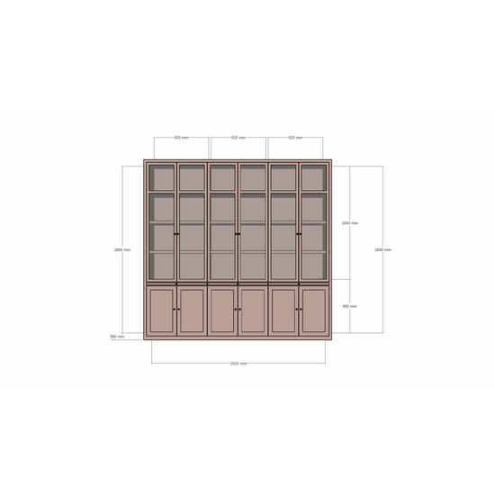 123kast  Vitrinekast Theo-Bert - 292x58x280H cm - scharnier deuren - uitschuif planken