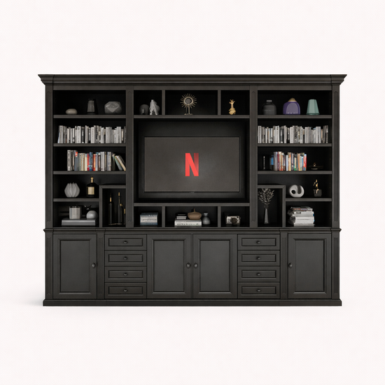 123kast  Tv boekenkast Victoria - 300x40x240H cm - met cinewall - verstelbare planken - met kabelgat in tv vak