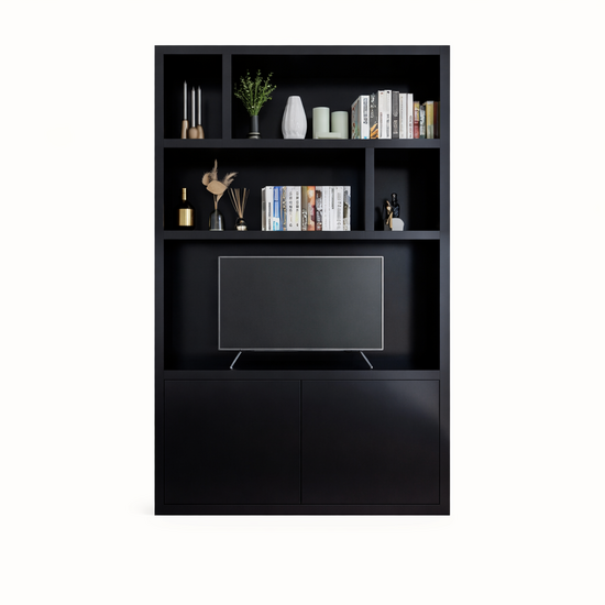 123kast  TV Vakkenkast Isla Bonita - 150x30x240H cm - eiken - strak design - 2 greeploze deuren - tv vak - cinewall - open vakken - eiken fineer