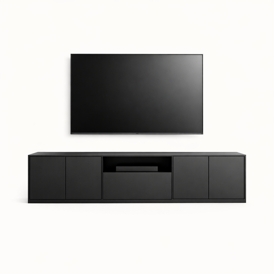 123kast  Tv dressoir Luanco - 200x40x50H cm - 4 greeploze deuren - open vaken - 1 greeploze lade - strak design