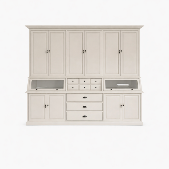 123kast  Buffetkast / Grutterskast Burano - 300x50x230H cm - 2 bolkleppen - dichte deuren in bovenkast - 9 lades