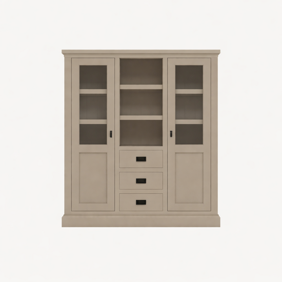 123kast  Buffetkast Barletta - 140x48x160H cm - meidenkast - 2 vitrine deuren - open midden ruimte - 3 soft close lades