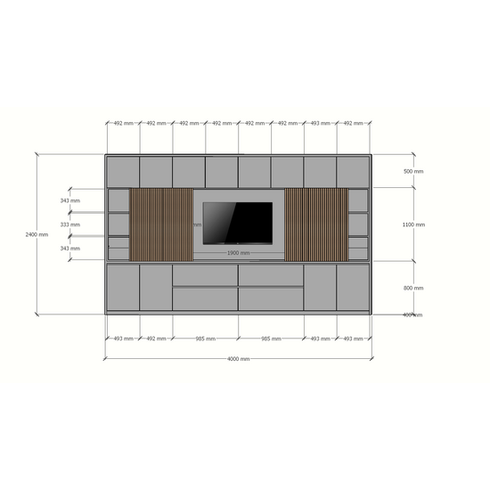 123kast  Cinewall Winterberg - 400x40x240H cm - cinewall - tv vak - met schuifdeuren - 12 push to open deuren - 4 greeploze soft close lades - strak design - demontabel - 3cm plankdikte