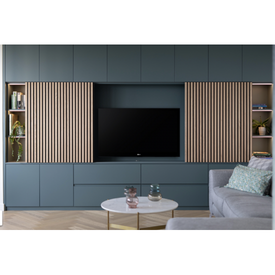 123kast  Cinewall Winterberg - 400x40x240H cm - cinewall - tv vak - met schuifdeuren - 12 push to open deuren - 4 greeploze soft close lades - strak design - demontabel - 3cm plankdikte