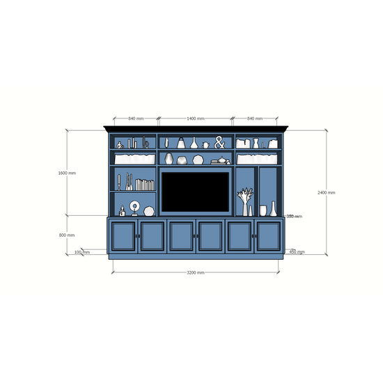 123kast  Cinewall Nara - 320x45/35x240H cm - 11 open vakken - 6 deurtjes  - Copy