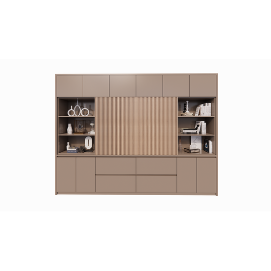 123kast  Cinewall Winterberg 2 - 320x40x240H cm - Tv vak - cinewall - eiken schuifpanelen - open vakken - 4 greeploze lades - 6 push to open deuren - 4 greeploze deuren - strak design