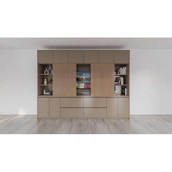 123kast  Cinewall Winterberg 2 - 320x40x240H cm - Tv vak - cinewall - eiken schuifpanelen - open vakken - 4 greeploze lades - 6 push to open deuren - 4 greeploze deuren - strak design