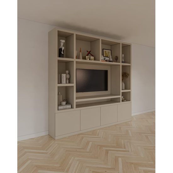 123kast  Cinewall Jose - 250x40x240H cm - 10 open vakken - 4 push to open deuren - 5cm plank dikte