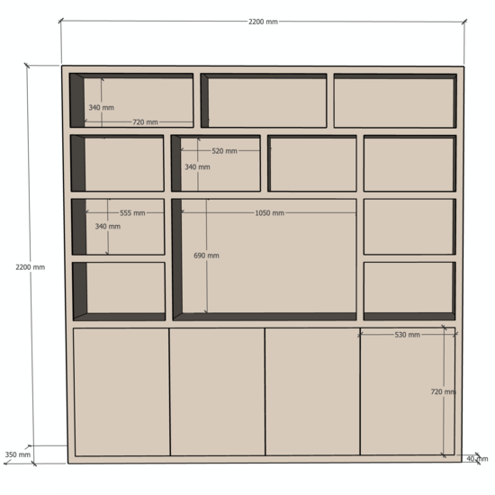 123kast  Cinewall Flachau 04 - 220x35x220H cm - 4 push to open deuren - 11 open vakken