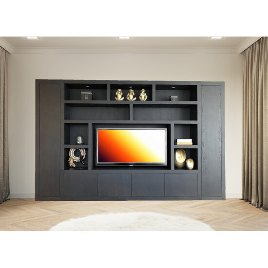 123kast  Cinewall Austin - 350x40x240H cm - open vakken - 6 greeploze dichte deuren - tv vak - cinewall - strak design