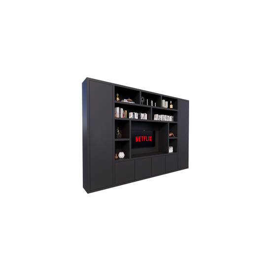 123kast  Cinewall Austin - 350x40x240H cm - open vakken - 6 greeploze dichte deuren - tv vak - cinewall - strak design