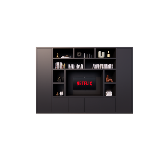 123kast  Cinewall Austin - 350x40x240H cm - open vakken - 6 greeploze dichte deuren - tv vak - cinewall - strak design