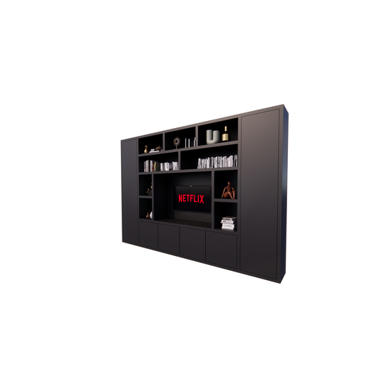 123kast  Cinewall Austin - 350x40x240H cm - open vakken - 6 greeploze dichte deuren - tv vak - cinewall - strak design
