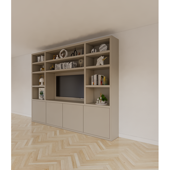 123kast  Cinewall Hong Kong - 300x40x240cm - 11 open vakken - 4 push to open deuren - 5cm plank dikte