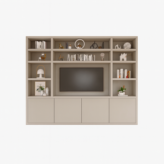 123kast  Cinewall Hong Kong - 300x40x240cm - 11 open vakken - 4 push to open deuren - 5cm plank dikte