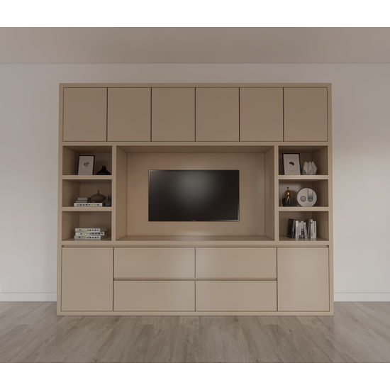 123kast  Cinewall Biarritz - 260x40x220H cm - tv vak - cinewall - push to open deuren - greeploze soft close lades - open vakken - strak design - 5cm plank en frame dikte