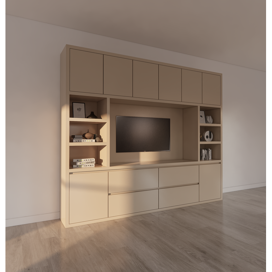 123kast  Cinewall Biarritz - 260x40x220H cm - tv vak - cinewall - push to open deuren - greeploze soft close lades - open vakken - strak design - 5cm plank en frame dikte