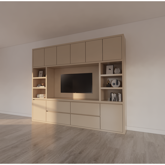 123kast  Cinewall Biarritz - 260x40x220H cm - tv vak - cinewall - push to open deuren - greeploze soft close lades - open vakken - strak design - 5cm plank en frame dikte