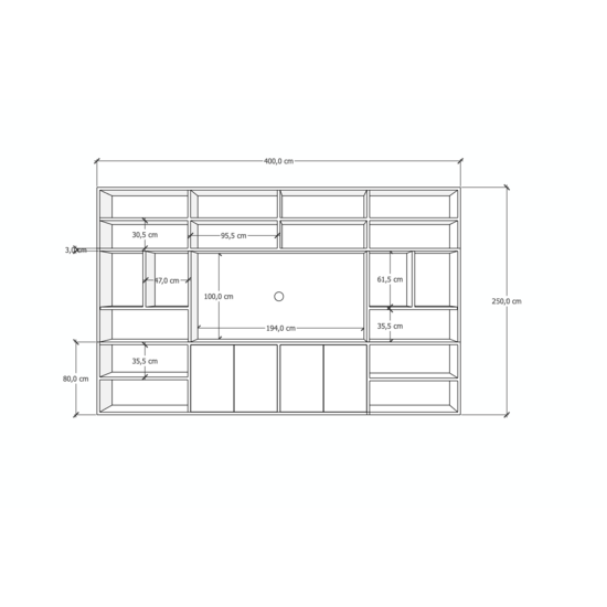 123kast  CinewallWinterberg 04 - 400x40x250H cm - cinewall - tv vak - met schuifdeuren - open vakken - push to open deuren - strak design