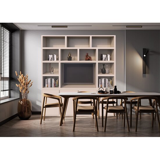 123kast  Cinewall - 220x40x240H cm - strak design - 4 push to open deuren - open vakken - cinewall - met tv kabel gat - greeploze deuren - 5cm plank dikte