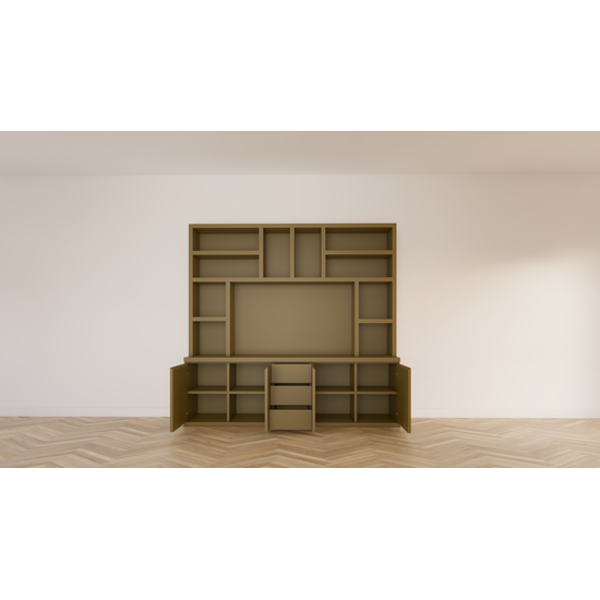 123kast  Cinewall Sineu 02 - 250x30/50x240H cm - push to open deuren - soft colse lades - open vakken - strakke afwerking