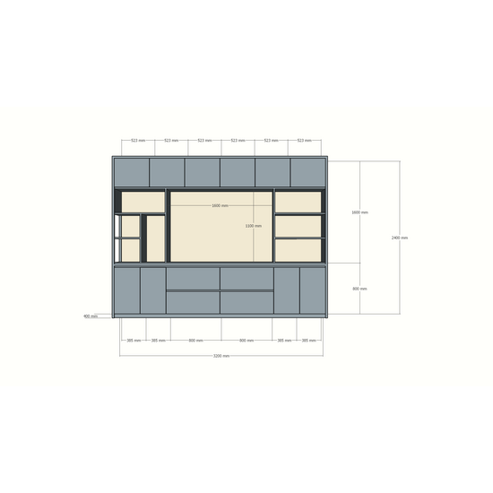 123kast  Cinewall Maputo - 320x40x240H cm - eiken panelen - push to open deuren - strakke afwerking