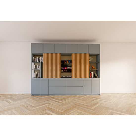 123kast  Cinewall Maputo - 320x40x240H cm - eiken panelen - push to open deuren - strakke afwerking