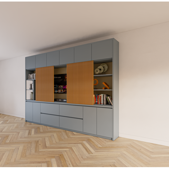 123kast  Cinewall Maputo - 320x40x240H cm - eiken panelen - push to open deuren - strakke afwerking