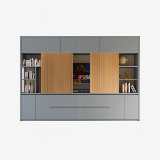 123kast  Cinewall Maputo - 320x40x240H cm - eiken panelen - push to open deuren - strakke afwerking