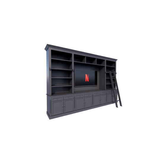 123kast  Cinewall French Library - 400x46/55x240H cm - demontabel - met stang en ladder - verstelbare planken - bovenkast onderdieper dan onderkast - landelijke stijl - met tv vak / cinewall