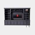 123kast  Cinewall French Library - 400x46/55x240H cm - demontabel - met stang en ladder - verstelbare planken - bovenkast onderdieper dan onderkast - landelijke stijl - met tv vak / cinewall