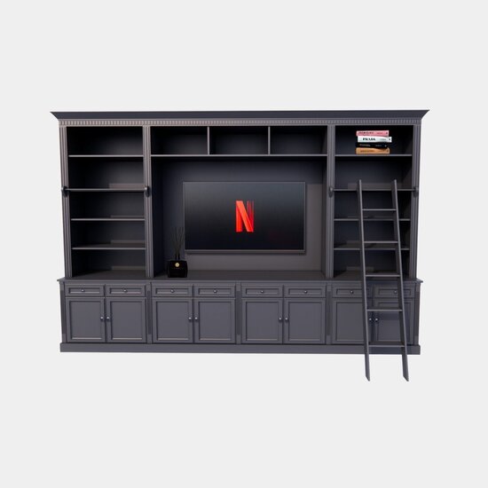 123kast  Cinewall French Library - 400x46/55x240H cm - demontabel - met stang en ladder - verstelbare planken - bovenkast onderdieper dan onderkast - landelijke stijl - met tv vak / cinewall